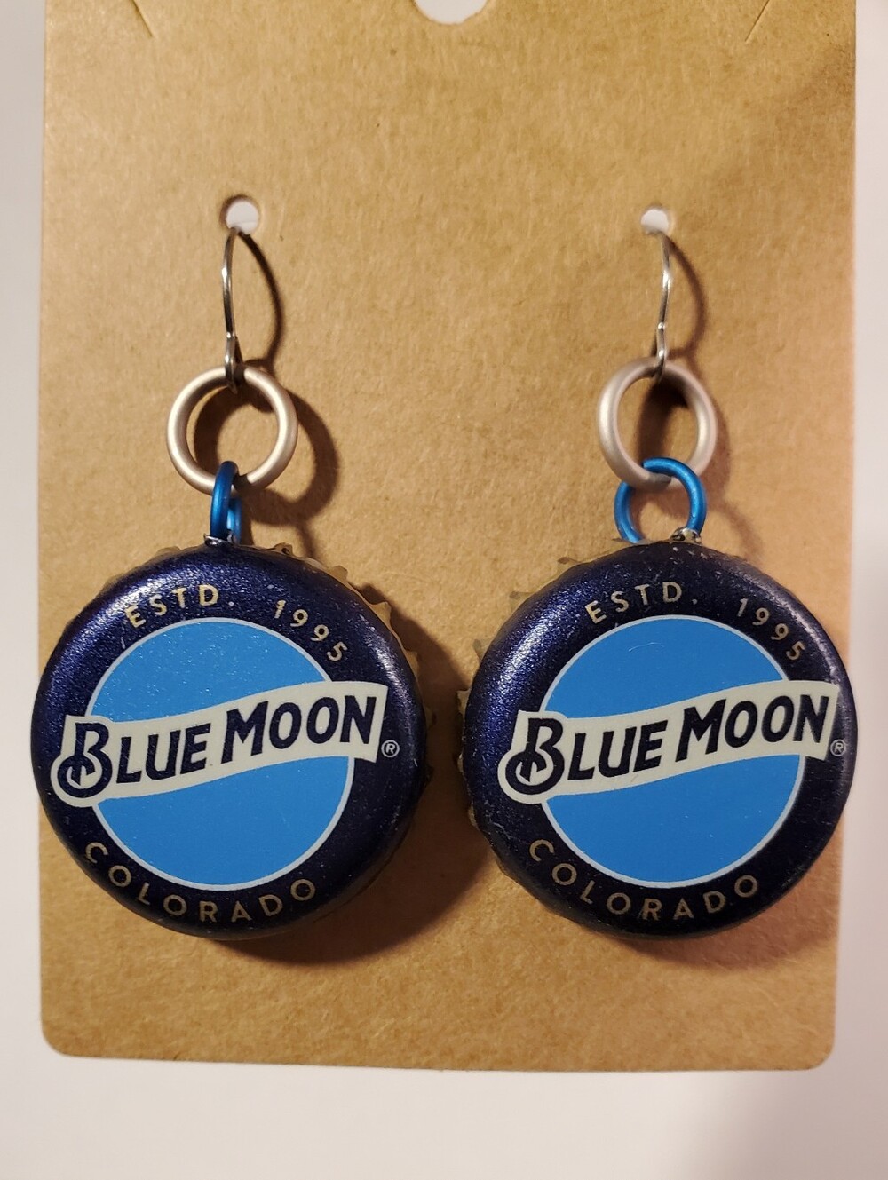 Blue Moon Bottle Cap Dangle Earrings - Blue